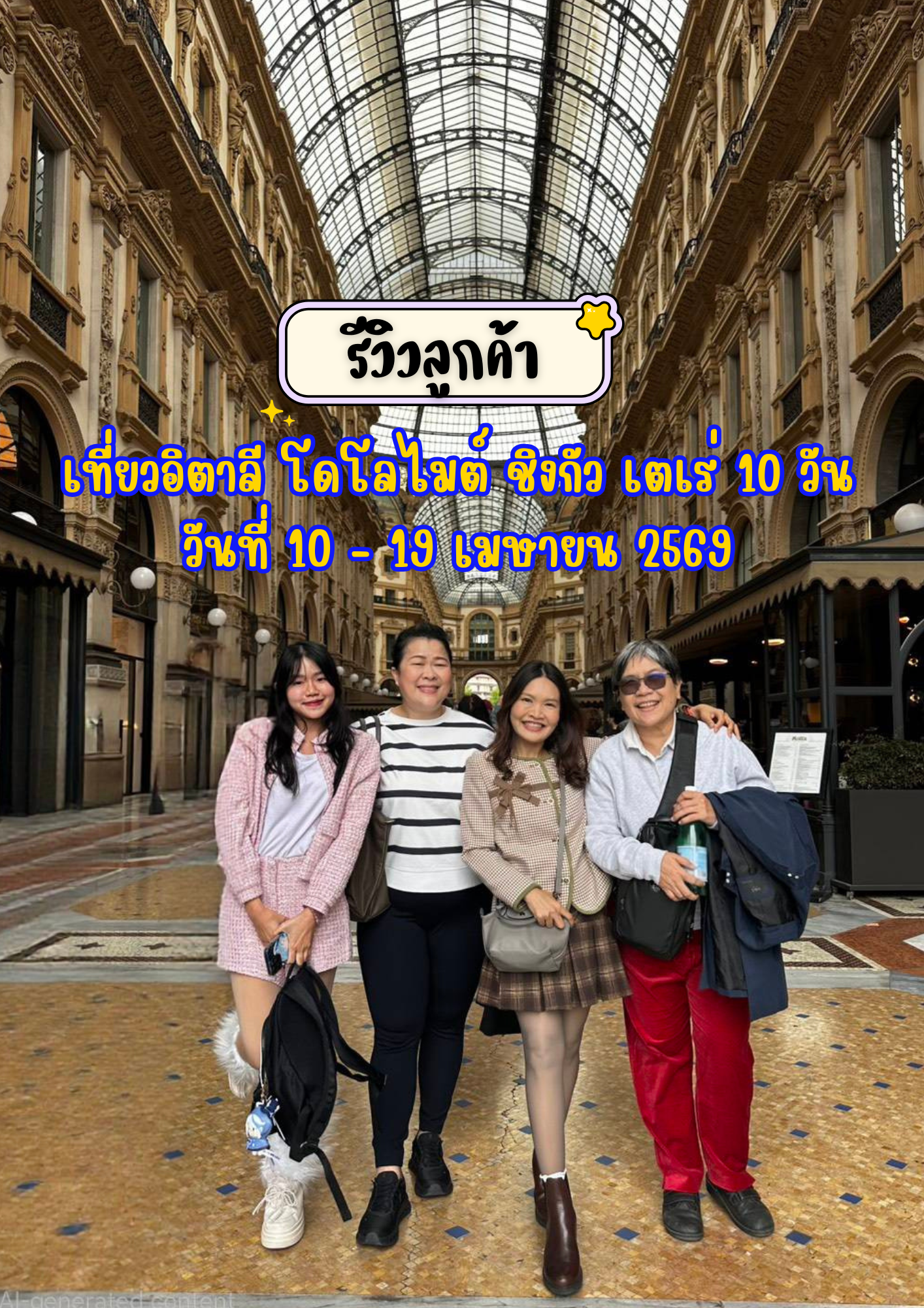 เที่ยวอิตาลี โดโลไมต์ ชิงกัว เตเร่ 10 วัน 7 คืน เดินทาง 10 – 19 เมษายน 2569